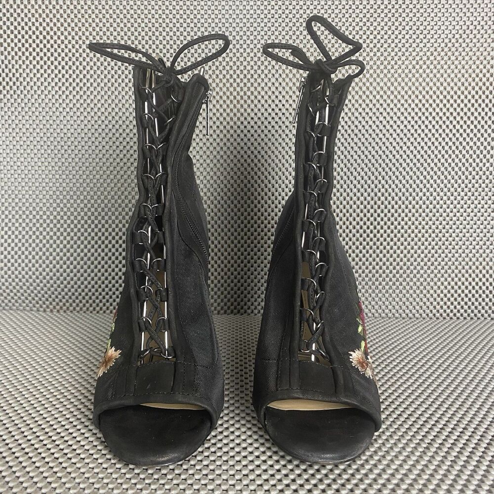 Gianni Bini Ankle Booties Heels Womens 9 M Black Floral Embroidered Zipper - Picture 5 of 14